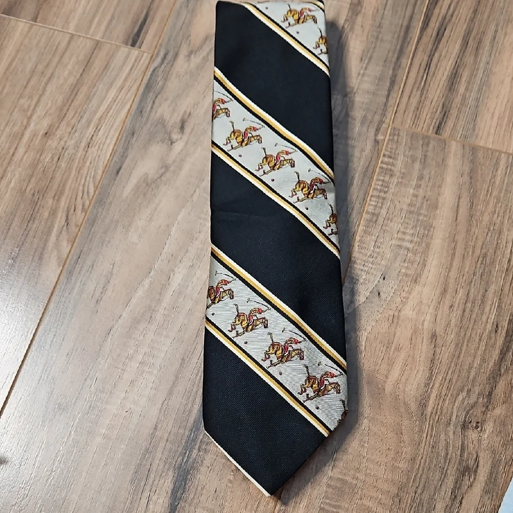 John Frederics Vintage Equestrian Themed Black and Gold Men's Tie